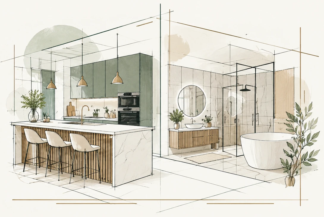 Arkitektonisk illustration av kök och badrum